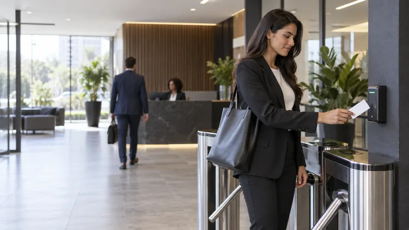 Entrada empresarial com controle de passagem e leitor RFID.