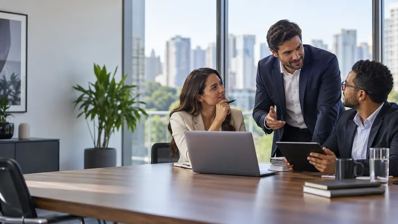 Profissionais em reunião consultiva com notebook e tablet.