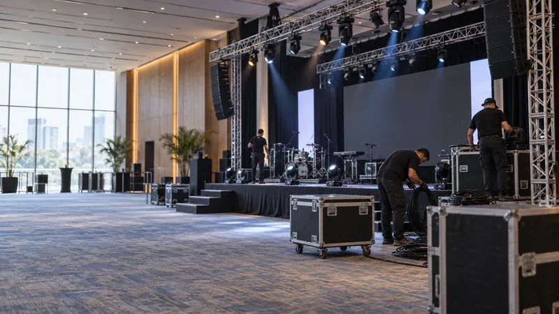 Técnicos preparando palco, iluminação e equipamentos de um evento corporativo.