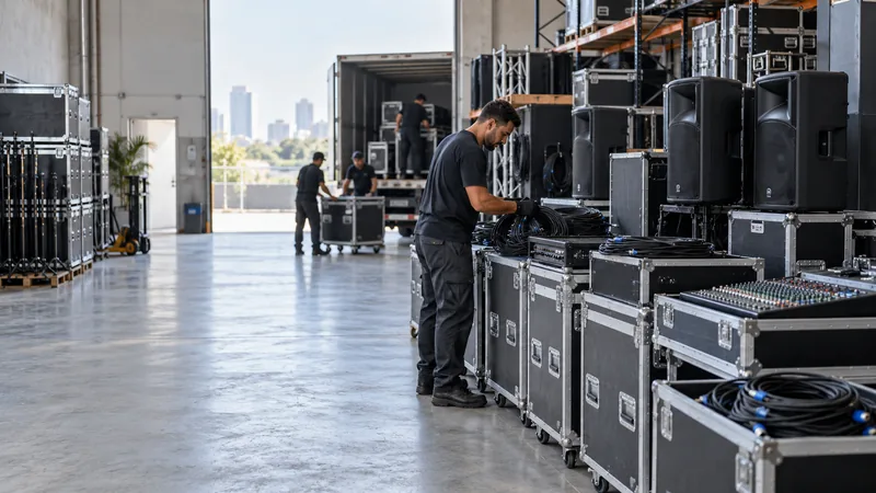 Equipamentos profissionais e cases organizados para expedição.