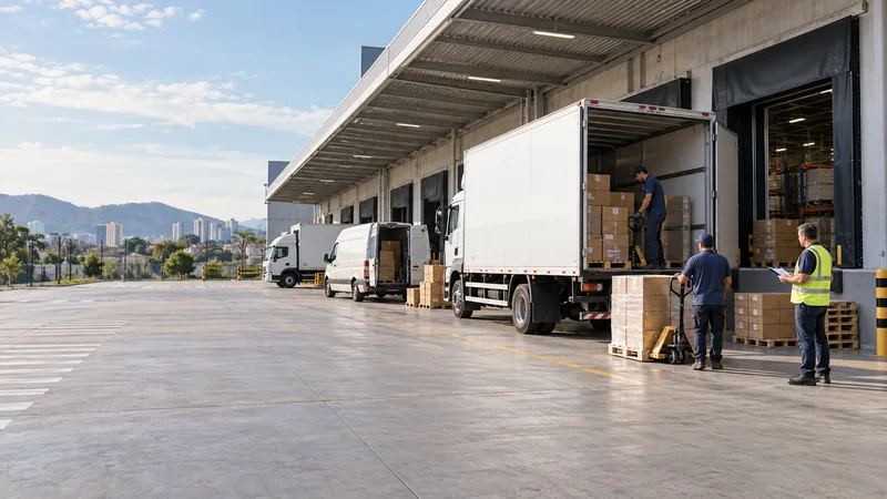 Caminhões e utilitários junto às docas de um centro de distribuição.